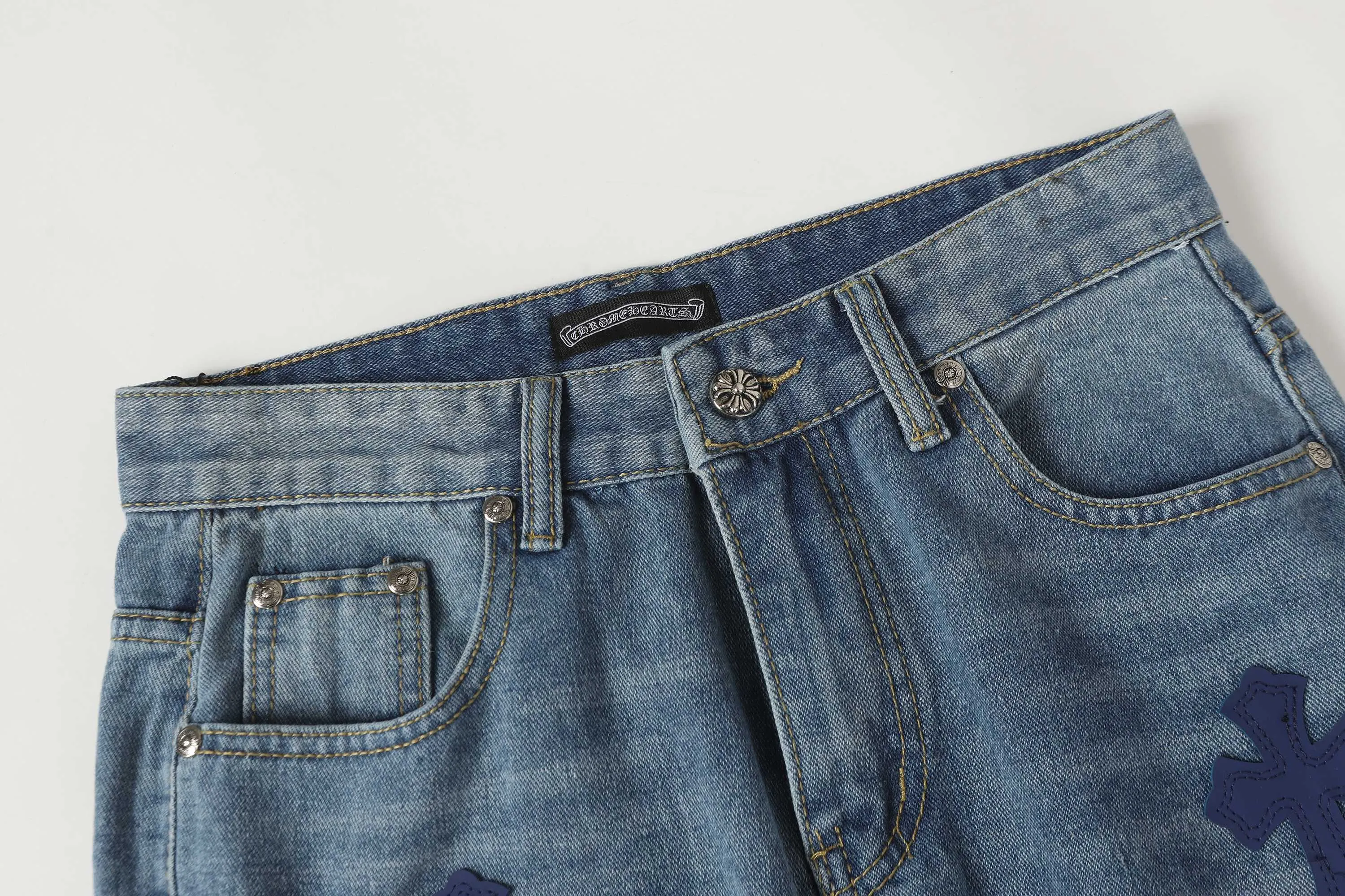 P270 Chrome Hearts/Chrome Hearts 25ss classic colored leather cross washed color cloth denim trousers for men and women Color: Picture color Code number: 28-36